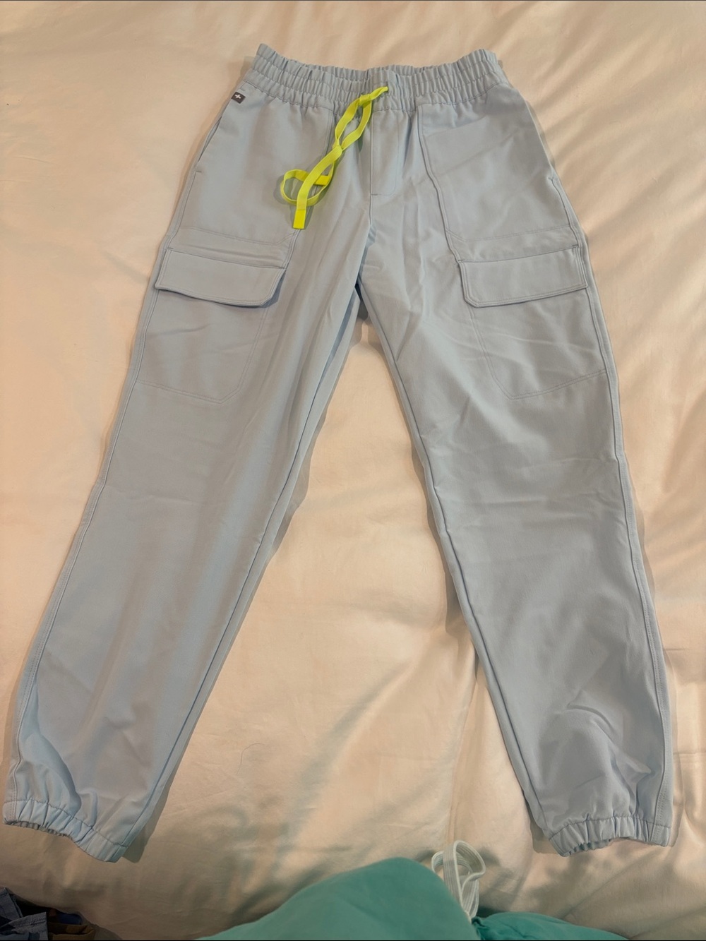 Light Blue Cargo Joggers with Neon Yellow Drawstring